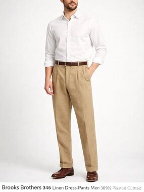 Brooks Brothers 346 Men's 100% Linen Pants 38x30 KhakiPleatedCuffedDress Trouser